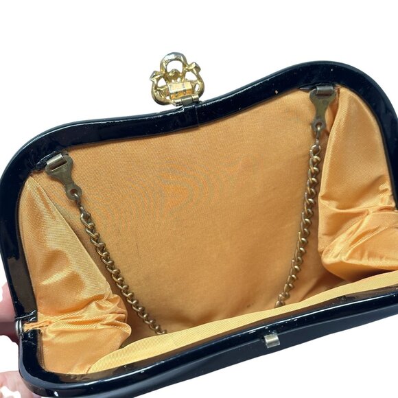 Vintage Admiral Black Patent Leather Evening Purse Clutch Gold-Tone Chain Clasp - Picture 6 of 16